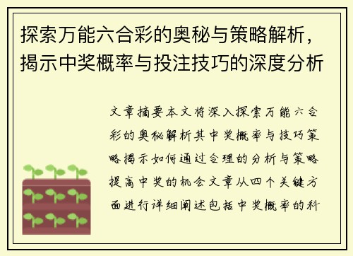 探索万能六合彩的奥秘与策略解析，揭示中奖概率与投注技巧的深度分析